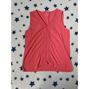 Talbots Women's Coral Pink Sleeveless V-Neck Lace Trim Cotton Tank Top M